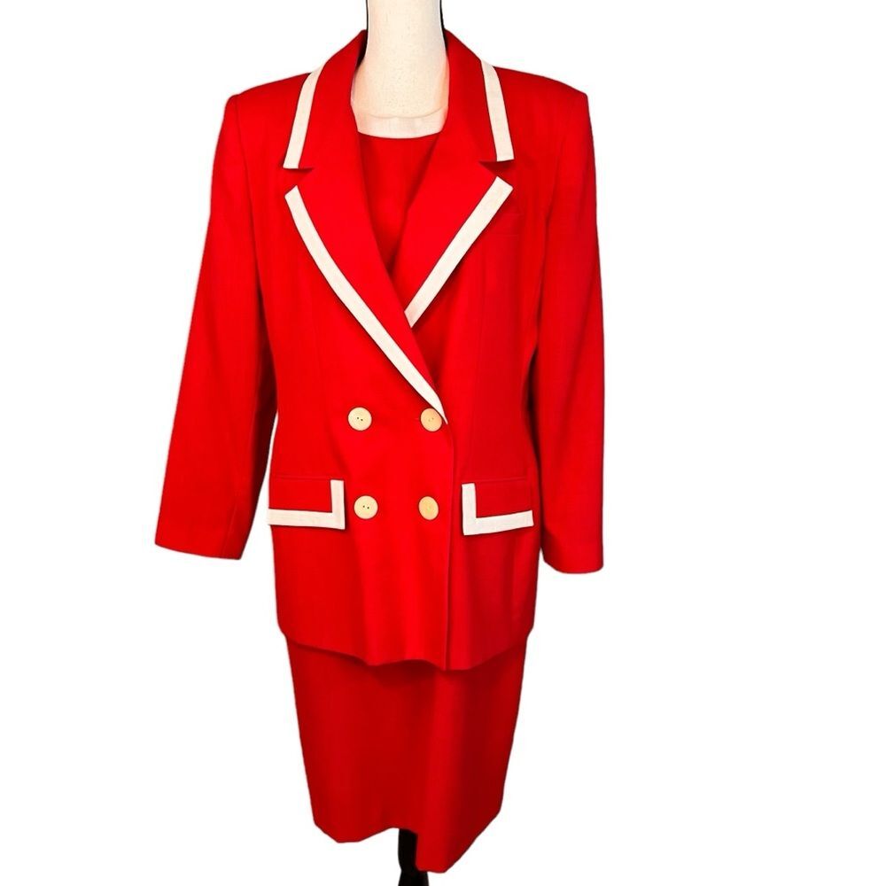 Vintage Jacqueline Ferrar Double Breasted Jacket Dress Suit Set Sz 14 Red White